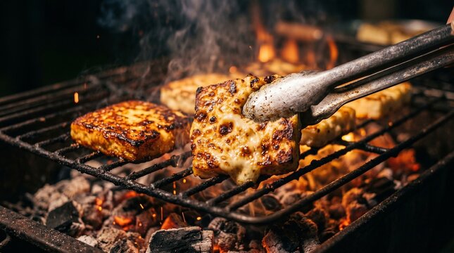 Close-up of golden brown cheese squares (queijo coalho) being flipped on a grill, bubbling texture, charred edges, appetizing, loop.