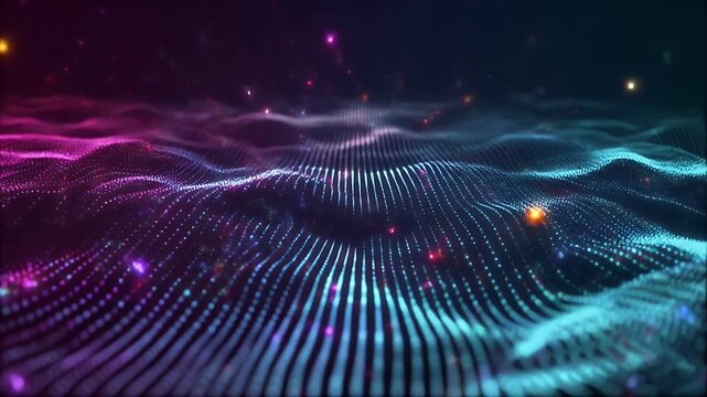 Abstract digital landscape with glowing particles and undulating waves of light in vibrant pink and blue hues.