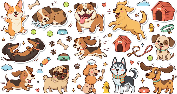 Cute cartoon puppy sticker set with happy corgi beagle bulldog pug husky dachshund and pet accessories elements.