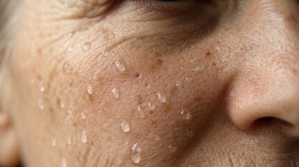 Fototapeta premium Closeup of a persons face with water droplets on their wrinkled skin next to nose