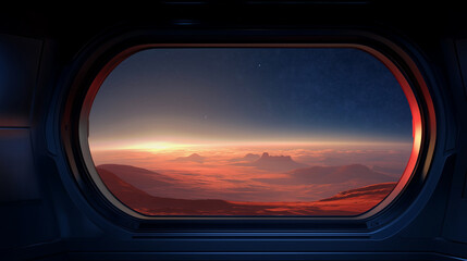 Spaceship window overlooking red planet sunrise, Mars exploration concept, interplanetary travel, space tourism, futuristic spacecraft interior, cosmic discovery, astronomy and dee