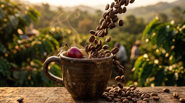 Cinematic close-up shot of steaming hot roasted Brazilian coffee beans falling into a ceramic cup, rich dark textures, golden lighting, slow motion, professional loop.