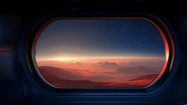 Spaceship window overlooking red planet sunrise, Mars exploration concept, interplanetary travel, space tourism, futuristic spacecraft interior, cosmic discovery, astronomy and dee