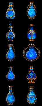 RPG mana potion bottles icon pack, blue magic elixir and arcane energy flasks set for game inventory