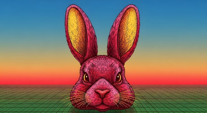 Pink rabbit illustration on a retro grid background. Synthwave and vintage digital art. Colorful bunny portrait facing forward with vibrant sunset.