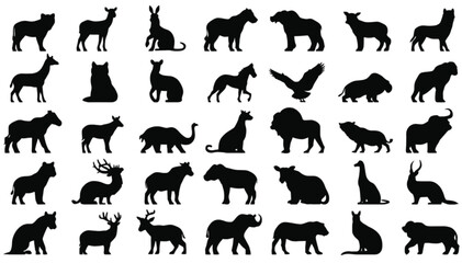 Obraz premium Wildlife silhouettes showcase a diverse array of global animal species rendered in black ink against a white background to serve as an essential resource for educational and artistic design tasks.