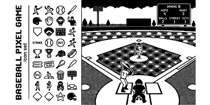 Retro Baseball Pixel Game Black White-Batter Sprite Scoreboard Outfield-Retro Sport Vector-Game Icon Pixel-Baseball Design Set