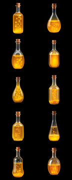 RPG poison bottles icon set, green acid liquid flask and venom elixir collection grid for game UI