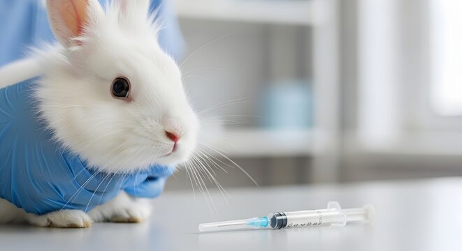 White laboratory rabbit held by blue gloved hands. Cosmetic testing and veterinary care. Medical syringe lying on a table next to a small domestic pet.