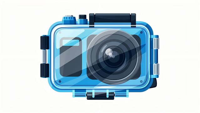 Action camera waterproof sport cam video recorder illustration. Extreme adventure photography equipment and digital media device icon isolated on white background for web