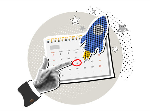 Trendy halftone collage hand pointing to a calendar with an important date and a spaceship taking off. Startup concept