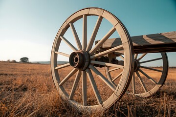 Obraz premium Rustic wooden wagon wheel standing proudly in a vast golden field under a peaceful sky at sunset