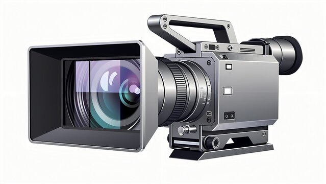 Video camera camcorder broadcast professional filmmaking video production recording equipment illustration with lens and monitor on white background for media and cinema.