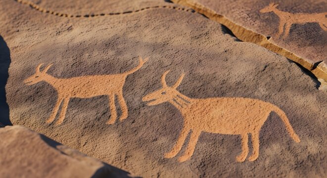 Prehistoric cave painting of horned mammals on a flat rock. Ancient tribal history and archaeological discovery. Old animal drawings etched into a brown stone surface