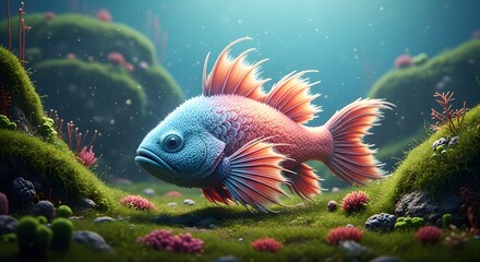 Fototapeta premium Colorful fantasy fish swimming in a vibrant coral reef. Marine biology and imaginative aquatic life. Beautiful blue and pink creature exploring an underwater landscape