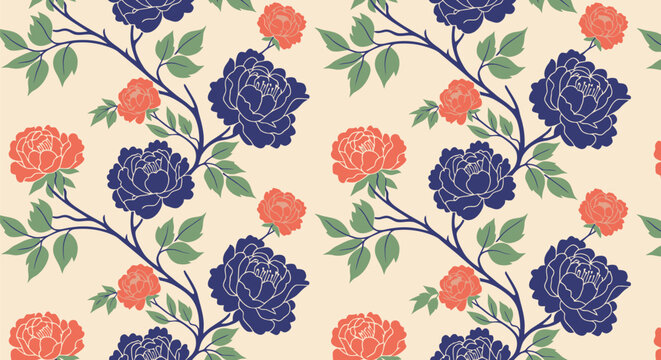 Vintage floral seamless pattern with navy and coral peonies on cream background