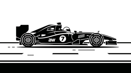 Obraz premium Black and white formula one racing car side view.