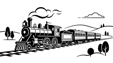 Classic steam engine train line art illustration. © erna