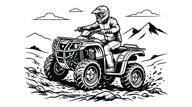 All terrain quad bike rider in mountain landscape.