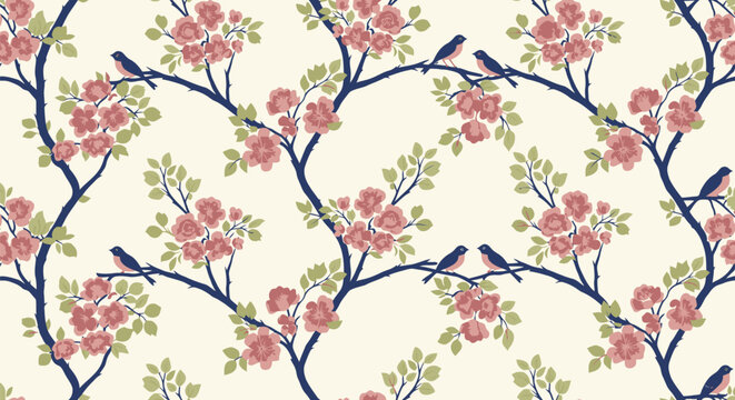Seamless floral bird pattern with cherry blossom branches for spring decor