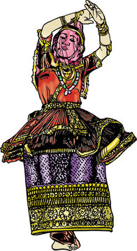 Classical Indian Odissi Dancer in Traditional Dark Costume Performing Elegant Cultural Temple Dance Pose