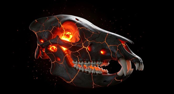 Dark animal skull with fiery glowing cracks. Dark fantasy and demonic creature concept. Black bone skeleton burning with intense inner heat and sparks