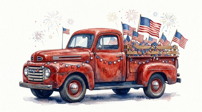 Vintage red pickup truck illustration, patriotic American flags, festive string lights, watercolor Fourth of July celebration, rustic holiday design element