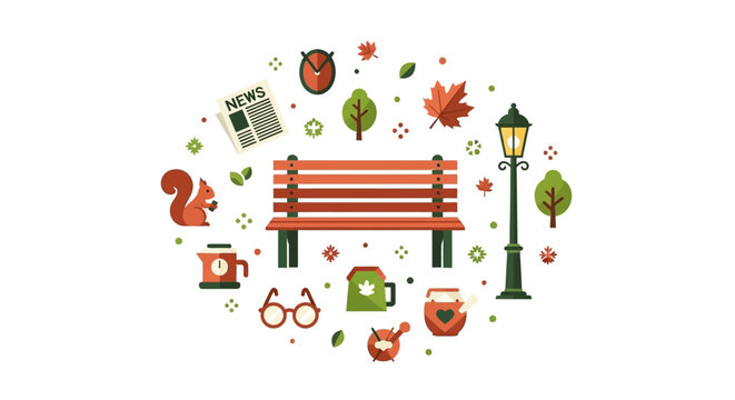 Flat Vector Illustration of Autumn Park Bench with Leisure Elements Like Squirrel, Newspaper, and Maple Leaves