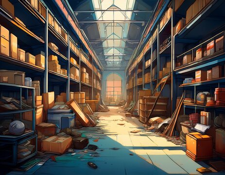 cluttered warehouse interior with disorganized shelves and debris