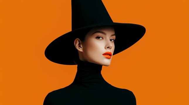 High fashion minimalist Halloween concept, elegant witch in black dress and hat, solid orange background