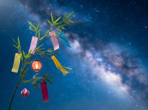 Tanabata Bamboo Decorations with Tanzaku Under Starry Milky Way Night Sky