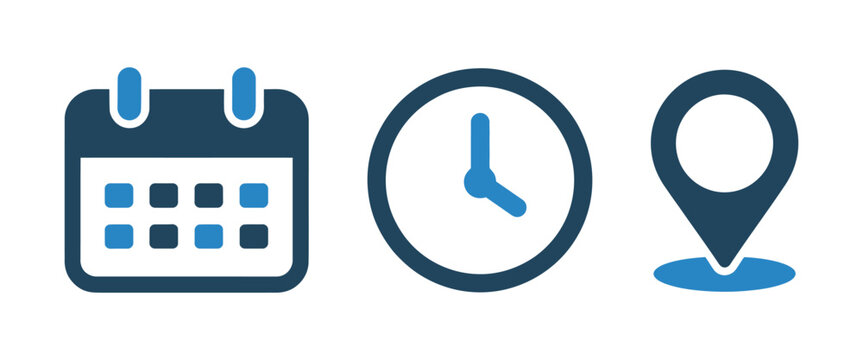 Calendar, clock, and location map pin icon set, blue flat vector business symbols for time, date, and address, meeting agenda and event schedule UI elements.