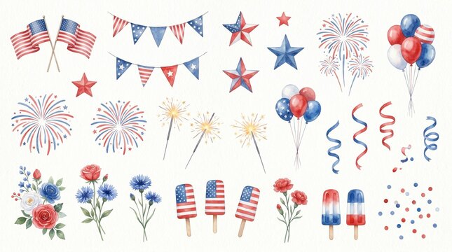 Watercolor 4th of July Celebration Elements, patriotic American holiday decorations, festive red, white, and blue party assets, Independence Day vector collection for design projects.