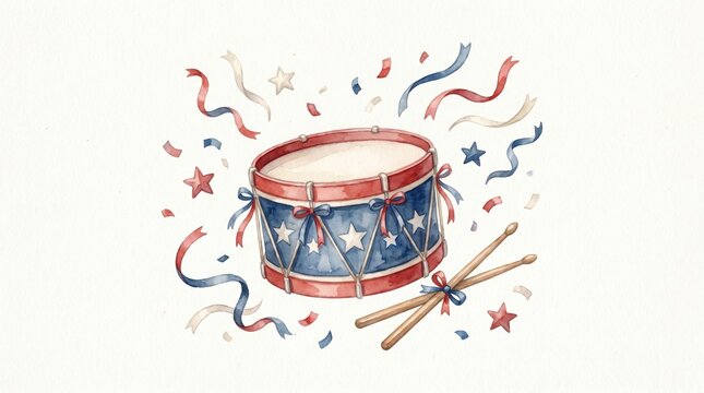 Patriotic watercolor drum illustration, a festive red, white, and blue snare drum with drumsticks, surrounded by confetti and ribbons, perfect for Fourth of July celebrations and national