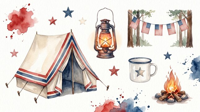 Watercolor patriotic camping set, rustic Americana outdoor adventure elements, hand-painted Fourth of July celebration graphics, vintage summer holiday illustrations for design projects.