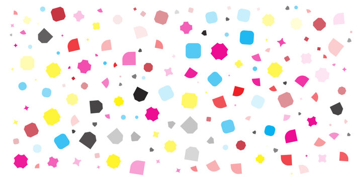 Scattered colorful shapes and dots on a white background for design