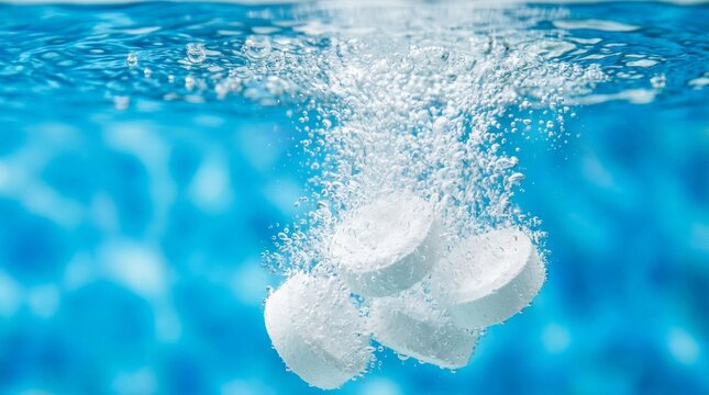 White Effervescent Tablets Dissolving in Clear Blue Water.