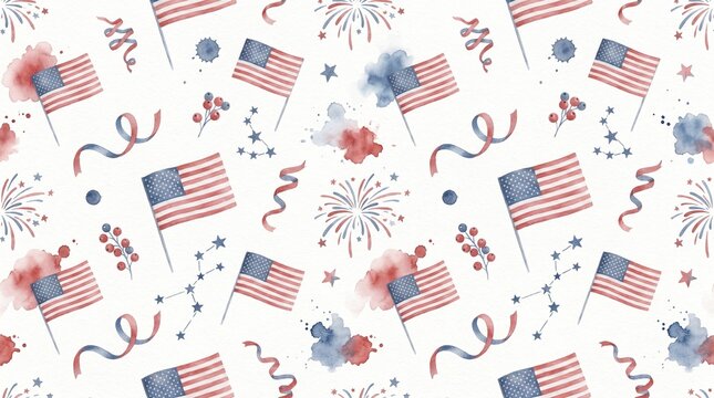 Watercolor American flag pattern, patriotic USA celebration background, Fourth of July holiday design, seamless red, white, and blue festive illustration for national events.
