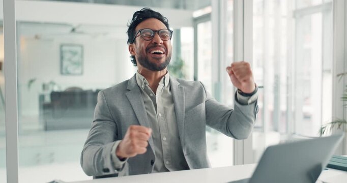 Man, fist pump and good news on laptop, office or celebration for funding opportunity or achievement. Reading, email and happiness for business growth with investment, success and excited with tech