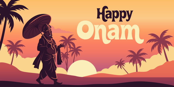 King Mahabali holding an umbrella against a tropical backdrop. A vector illustration celebrating the Onam festival. A background design for a festive banner featuring a palm tree and a sunset.