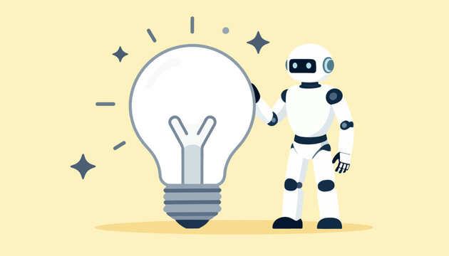 Modern artificial intelligence robot presenting a brilliant light bulb, representing the dawn of new ideas, innovation, and technological advancements
