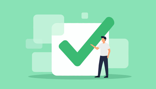 Illustration of a man checking off a list with a green checkmark, symbolizing completion and success in business tasks