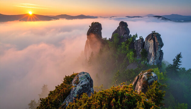 Morning fog clings to the base of ancient rock formations as the sun rises over the Eastern Carpathian horizon.