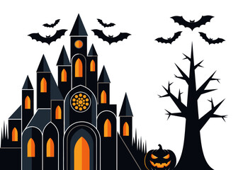 Spooky Halloween Haunted Castle Illustration with Bats, Creepy Tree, and Jack-o'-Lantern Pumpkin on White Background © Yolo
