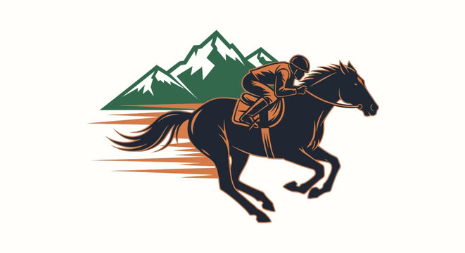 Horse Racing Jockey Galloping with Mountains and Speed Lines Illustration