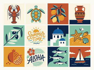 Mediterranean Summer Travel Illustration Set with Greek Icons, Sea Life, Tropical Fruits and Coastal Elements © Yolo