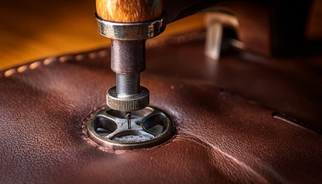 precision leather hole punching close up of vintage tool creating clean hole in dark brown leather