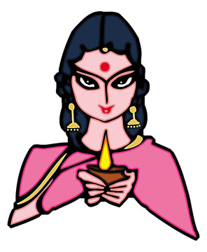 Indian woman in pink sari holding a sacred diya lamp for traditional religious festival celebration.