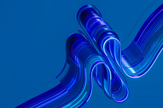 3D neon data pipeline with blue binary loop modules