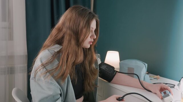 White woman measuring blood pressure at home, cuff on upper arm with meter display and tubing on desk, lamp glow and teal wall, calm focused selfcare routine and telehealth ready checkup capturing